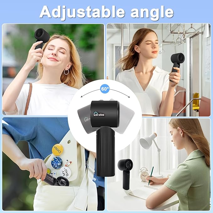 LIVAVIVA Handheld fan, adjustable blowing angle, mini portable turbo fan, USB Type-C rechargeable, infinitely variable speed high-speed personal fan, 11 Hours Battery Life (Black)