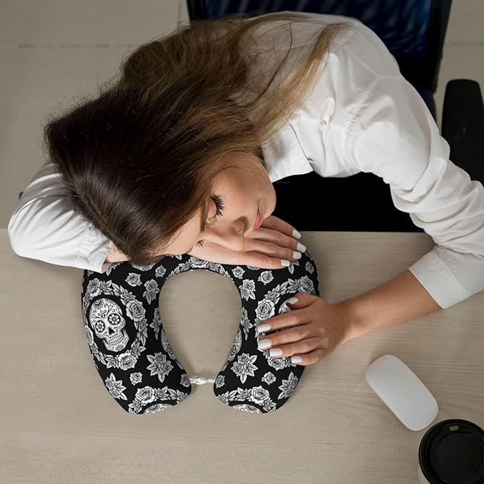 Travel Neck Pillows for Sleeping Rest Car Airplanes Black and White Floral Day of The Dead Mexican Sugar Skulls, Memory Foam with Removable Breathable Zipper Cover Washable for Men Women