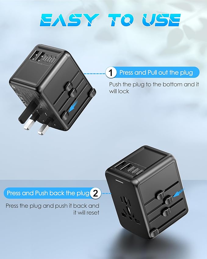 Universal Travel Adapter, 6.0A 30W 5 USB C/A Ports + 2500W AC Outlets, International Power Adapter for All USB Devices, Multi Plugs 110V 220V A/C, European Travel Plug Adapter for 200+ Countries