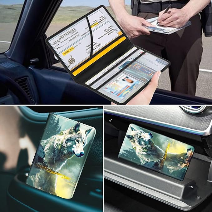 Car Registration & Insurance Holder, Leather Glove Box Organizer, Cool Accessories for ID, Driver's License Cards & Essential Documents, Business Cards, Men & Women, Forest Wolfs