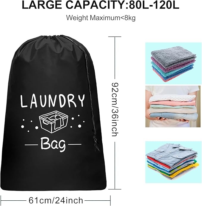 Sylfairy 2 Pack Extra Large Travel Laundry Bag, Dirty Clothes Organizer with Drawstring,Heavy Duty Travel Laundry Bags,Easy Fit a Laundry Hamper Travel Essentials (Black+Grey, 24" x 36")