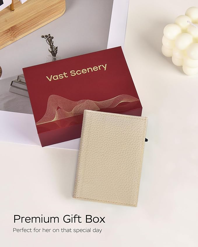 Vast Scenery Women's Small Wallet - Minimalist Neutral Beige Cream, RFID Blocking Smart Metal Pop Up Card Holder, Ultra Slim Fits Most Bags & Pockets, Holds 11+ Cards 10+ Bills, Gift for Her