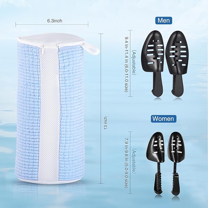 Shoe Washing Machine Bags, Reusable Laundry Bag for Washer and Dryer, Durable Fluffy Fiber Keep Clean, 2 Pairs Adjustable Trees for All Shoes, Blue