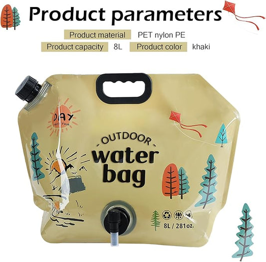 Qurbuns Portable Foldable Water Bag, 8L Collapsible Water Container with Adjustable Faucet, No-Leak Camping Storage Bag, Universal for Camping, Hiking, Outdoor Adventures (Khaki)