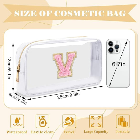 Personalized Initial Letter Clear Makeup Bag,Preppy Small Nylon&PVC Cosmetic Zipper Bag with Chenille Letter,Travel Skincare Toiletry Bag,Monogram Christmas Gift for Teen Girls Women,V