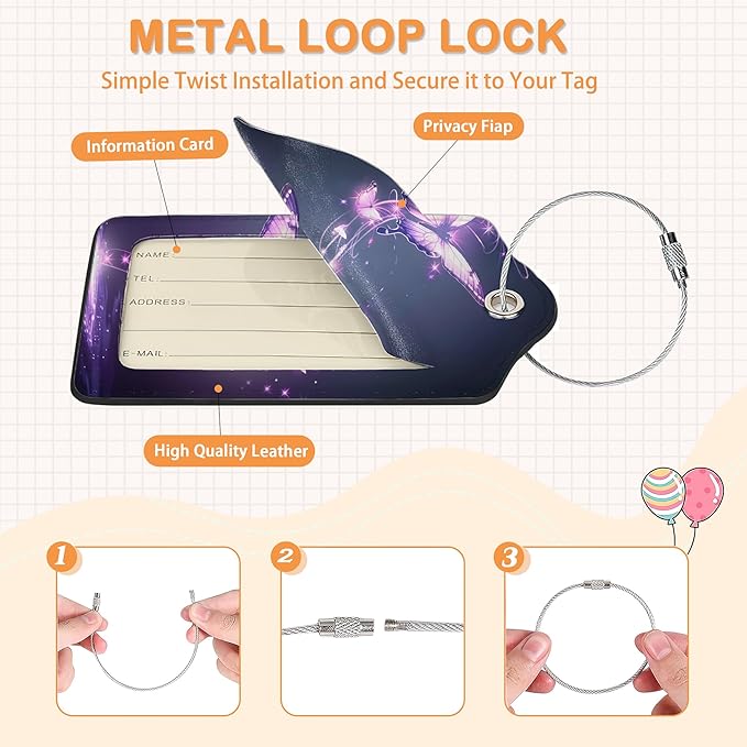 Dream Starlight Butterfly 3 Pack Luggage Tags for Suitcases, Colorful Butterfly PU Leather Luggage Tag for Travel, Bag Tags with Privacy Name ID Card and Steel Loop for Women Men