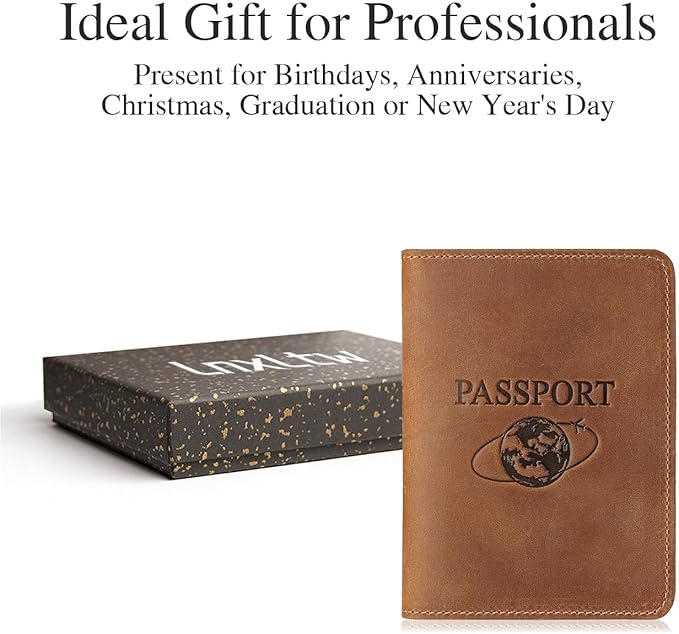 Slim Leather Passport Holder for Men & Women – Vintage Travel Passport Wallet – Lightweight Full-Grain Leather Passport Case with Gift Box, Brown (5.5″ × 4.1″)