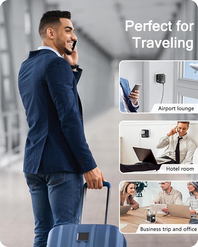 LENCENT Universal Travel Power Adapter, International AC Plug Adaptor with 3 USB A Ports 1 Type C PD Wall Charger Worldwide Travel Essentials for US to EU UK Ireland Australia (Type C/G/A/I) Black