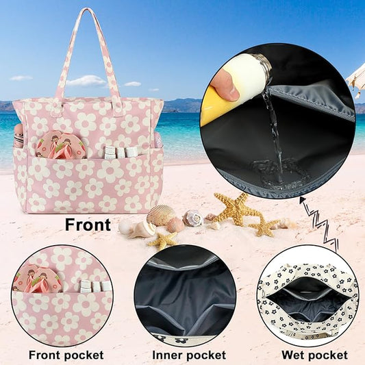 Bluboon Waterproof Beach Tote Pool Bags for Women Ladies Extra Large Carry On Bag With Wet Compartment for Weekender Travel