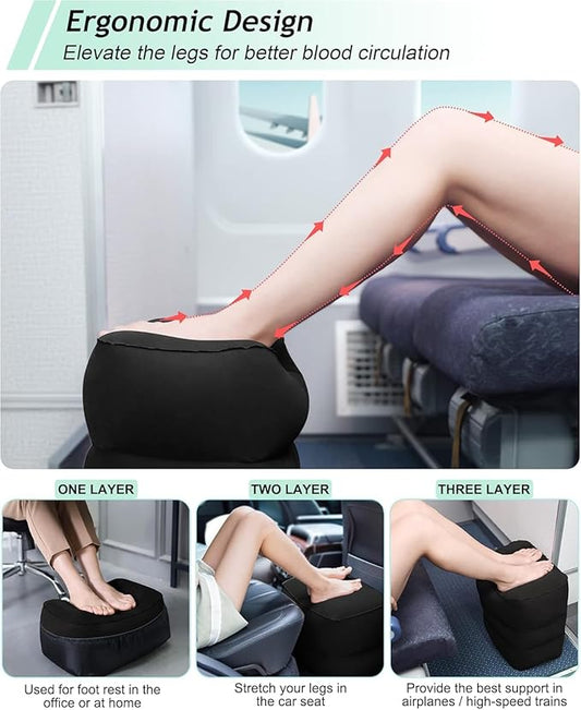 JefDiee Inflatable Travel Foot Rest Pillow, Kids Airplane Bed, Adjustable 3 Layers Height Leg Rest Pillow, Adults Travel Essentials Great for Airplane, Office, Home, Trains, Cars (Black)