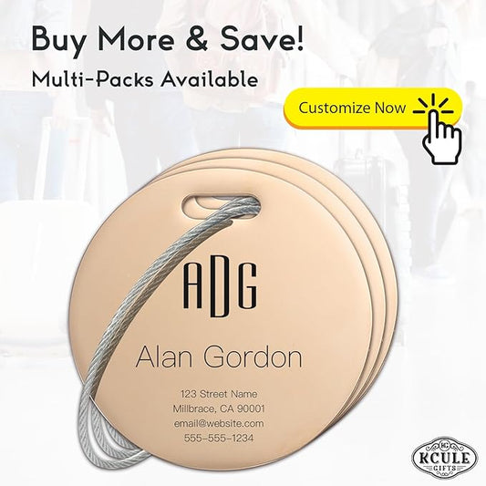 Personalized Luggage Tags for Suitcases - Stainless Steel Custom Luggage Tags for Backpacks & Bags, Sturdy, Waterproof & Heavy Duty (Rose Gold/Round)