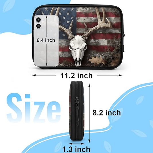 Vintage Deer Skeleton Travel Cable Organizer Pouch American Flag Electronics Accessories Carry Case Portable Water Resistant Storage Bag for Cord Charger Phone Earphone SD Card