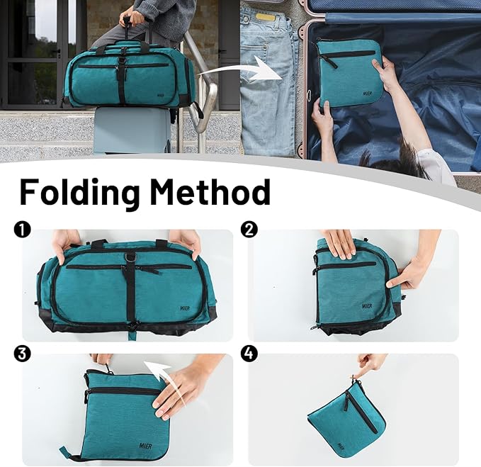 MIER Foldable Duffle Bag with Shoe Compartment 50L Travel Duffel Bags for Men Women Packable Overnight Bag for Camping Gym Weekender, Teal