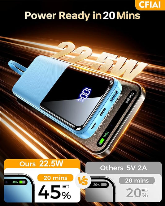 Portable Charger Power Bank - 20,000mAh Battery Pack Portable Phone Charger with Built in Cable 22.5W Fast Charging Powerbank Compatible with iPhone Android Samsung Phone, Travel Camping Essential