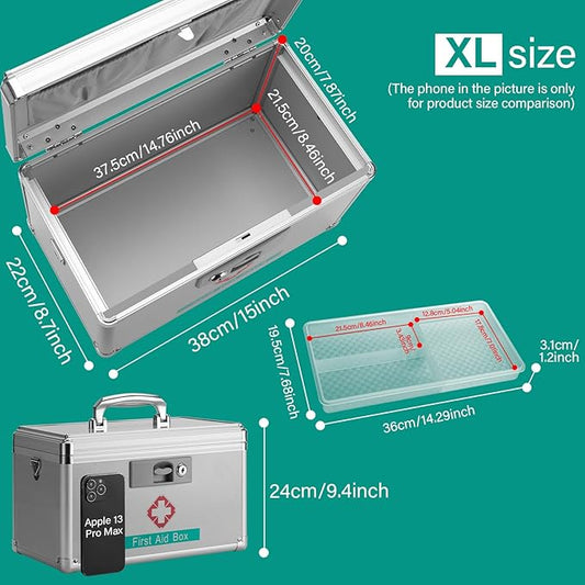 Medicine Storage Box with Key - 15 x 8.7 x 9.4 Inches -Empty Lock First Aid Box for Drugs & Pill, Medical Organizer Container For Home/Outdoor (Silver/X-Large)