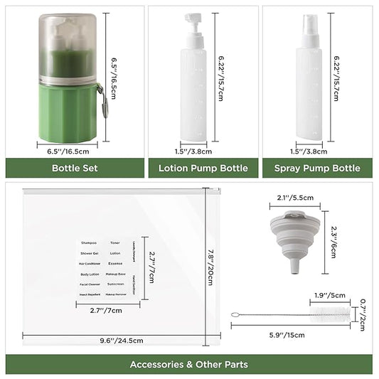 4-in-1 Travel Bottles for Toiletries, TSA Approved Travel Size Toiletries, Leak Proof Refillable Travel Size Shampoo and Conditioner Sets with Wall-Mountable Suction Cup, Green