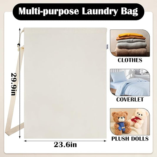 Canvas Laundry Bag with shoulder Strap 24" x 29", Large Drawstring Dirty Clothes Bag Washable Laundry Sack for College Dorm, Travel, Home, Camp (Beige)