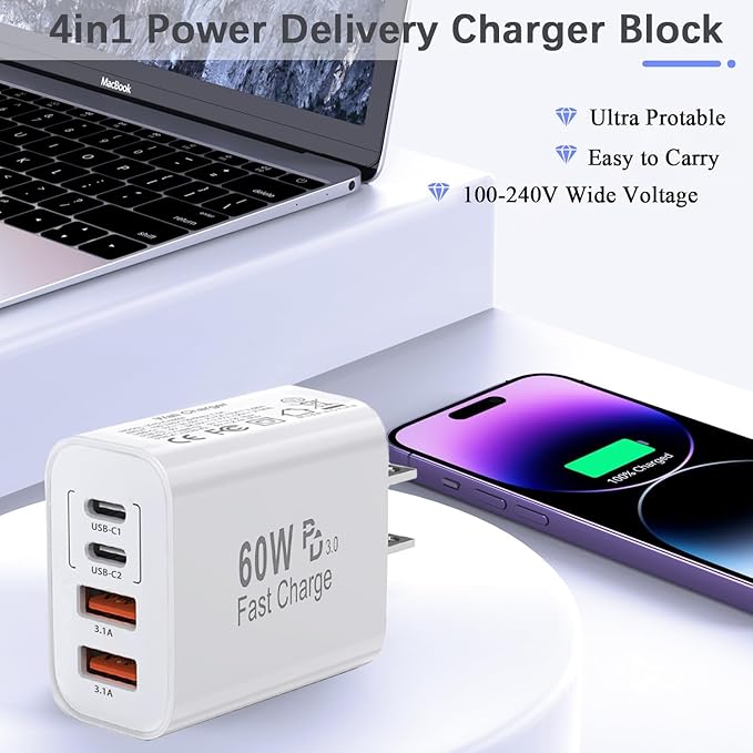 60W USB C Charger Block,2Pack 4-Port GaN USB C Charger Fast Charging Wall Plug Dual Type C+Dual USB-A Port Multiport Power Adapter Cube for iPhone 17 Pro Max/16e/15/14/13/12/11,iPad Pro/Air/Mini