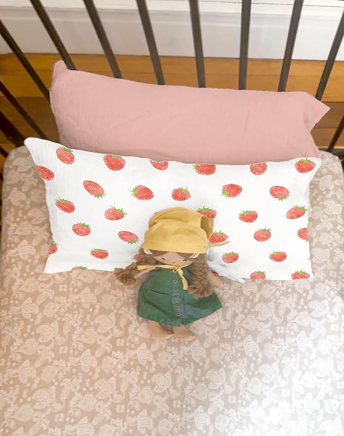 Toddler Pillowcases for 13"x18" Pillow 2 Pack, Muslin Small Toddler Baby Kids Travel Pillow Covers for Boys Girls with Envelope Closure (Strawberry & Pale Pink, 13 x 18 Inch)