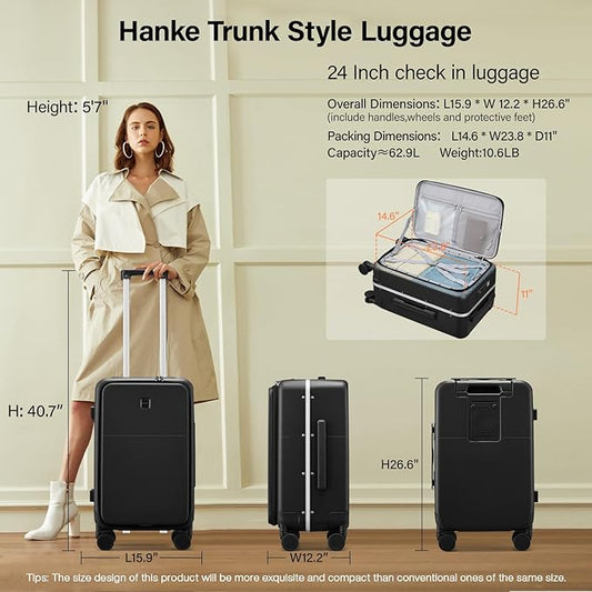 Hanke 24 Inch Luggage with Cup Holder and Charge,Top Opening Hard Shell Suitcases with Wheels and Dividers,Aluminum Frame Trunk Luggage Medium Checked Suitcase with Lock for Travel,Jet Black