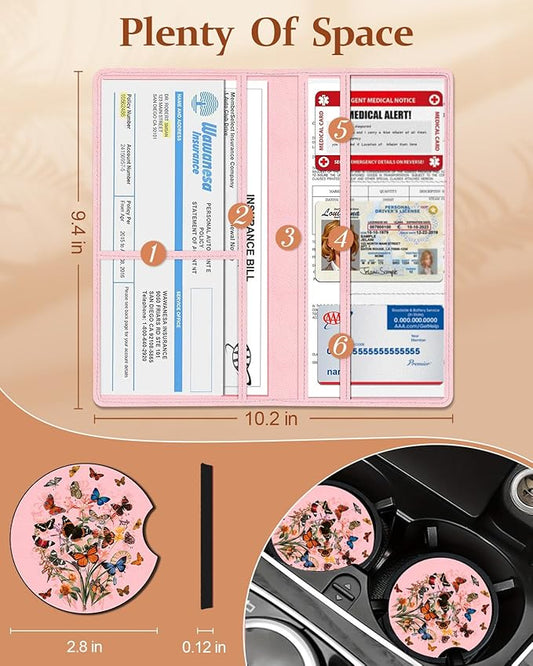 Slohif Car Registration and Insurance Card Holder with Magnetic Shut - Vehicle Glove Box Organizer Women Leather Automobile License Holders Coasters Auto Accessories Case for Document Butterfly