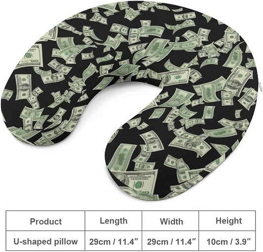 Unisex Travel Neck Pillow Memory Foam U Shaped Cushion Money American Bill Dollars, Washable Cover for Men Women Airplane Car Home Rest