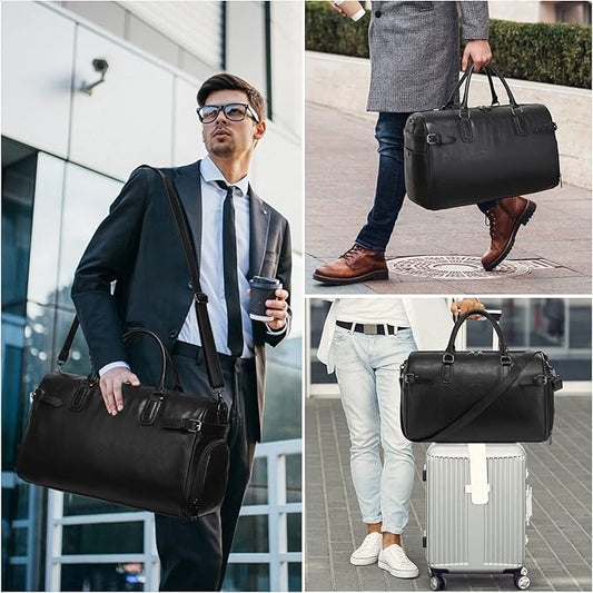 Vegan Leather Duffle Bag, LXY Travel Duffle Weekender Bag with Shoe Compartment, Duffel Overnight Gym Bags for Women Men Black