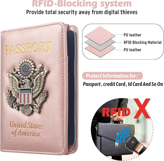 Coowayze US Passport Holder Wallet for Travel Men Women RFID Blocking Passport Cover Case, Waterproof Pink Leather Passport Book Protector with Vaccine Card Slot Travel Document Organizer