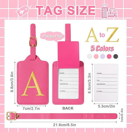 Personalized Initial Luggage Tags - Rose Red Leather Cute Luggage Tags with Privacy Cover Name Card, Embroidered Custom Monogram Travel Backpack Tag Gifts for Women Kids(A)