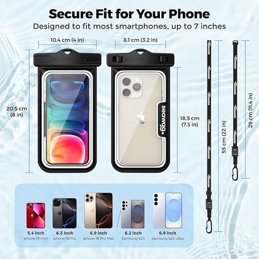 SEAWAG Next Waterproof Phone Case with Lanyard, Floating IPX8 Pouch for iPhone 17 16 Pro Max 15 14 13 12 11 and Samsung Galaxy S25 S24, Beach Cruise Travel Essentials, 1 Pack Blackwhite