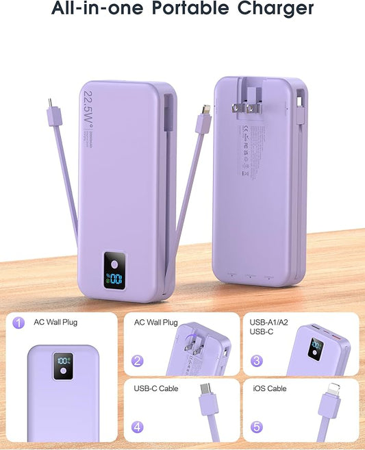 Portable Charger, 20000mAh 22.5W Fast Charging Power Bank with Built-in Cables & Wall Plug, Travel Essential Battery Pack with LED Display, USB C Battery Phone Charger for iPhone, iPad, Samsung Purple