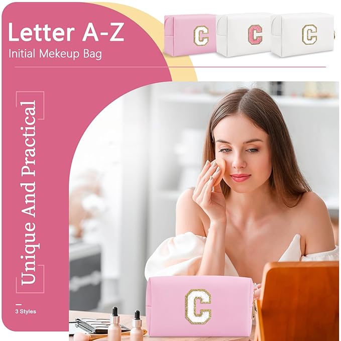 Personalized Initial A-Z Preppy Patch Makeup Bag,Small PU Chenille Letter Cosmetic Bag with Zipper for Teen Girls,Pink Cute Toiletry Organizer Bag,Monogram Makeup Case Gift for Women Girls,Letter C