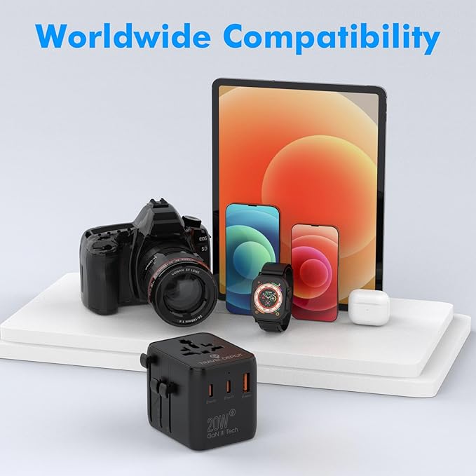 Universal Travel Adapter w/USB Ports, GaN All in One Worldwide Plug Adapter, International Power Converter for All Devices, Wall Charger AC Power Type C Charging Ports for USA EU UK AUS