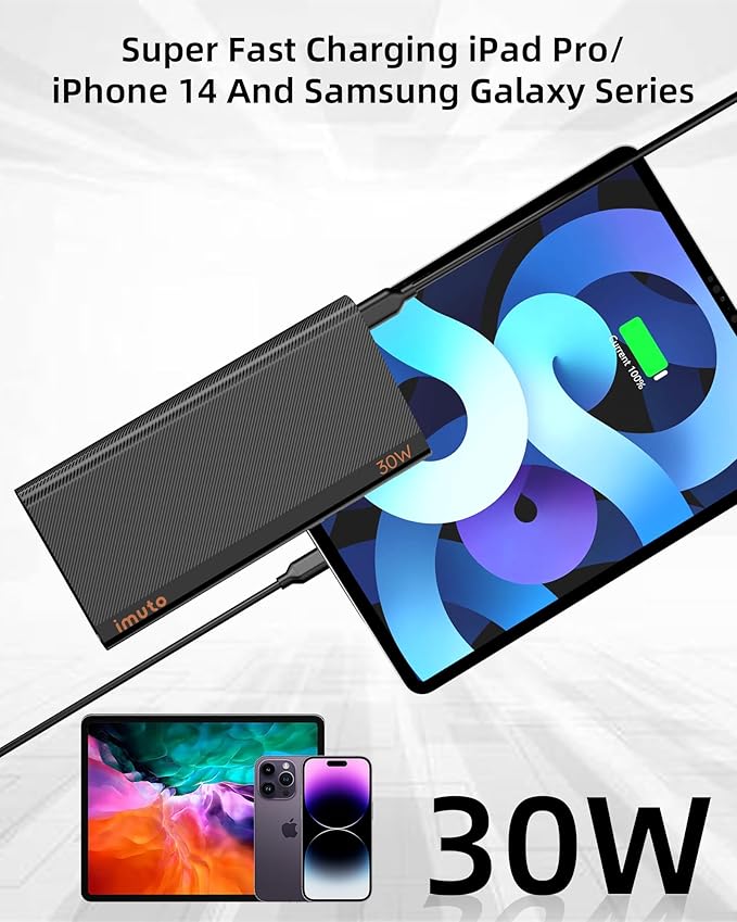 imuto Slim Portable Charger, 10000mAh Travel-Ready Power Bank, 30W USB-C in & out High-Speed Charging Battery Pack, External Phone Charger Compatible with iPhone 16 15 14 13 12 Samsung Google iPad etc