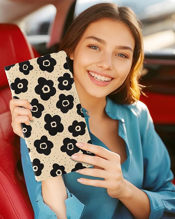 Slohif Car Registration and Insurance Card Holder - Black Flower Vehicle Glove Box Organizer Women with Magnetic Shut Leather Automobile License Holders Coasters Auto Accessories Case for Document
