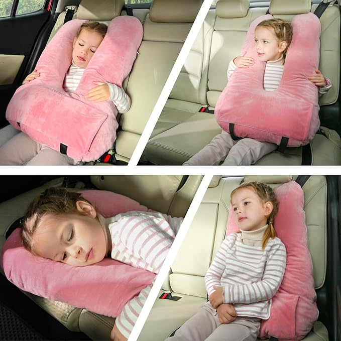 Travel Pillow Car Pillow for Kids, Car Sleeping Pillow for Adults and Kids Support Head and Neck on Road Trips Pink