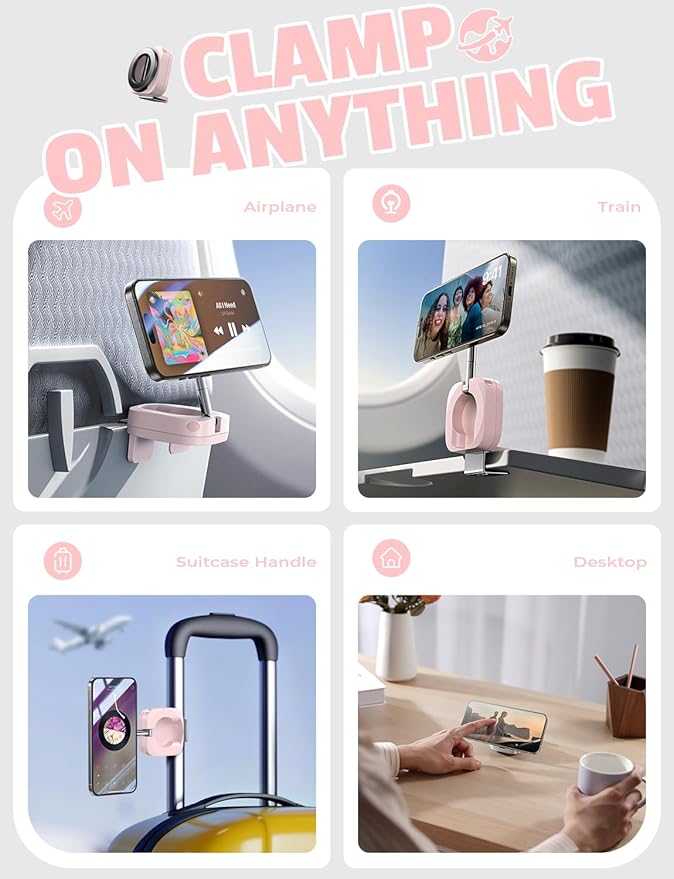 LISEN Airplane Phone Holder Travel Essentials for Women Long Flight Essentials Must Haves Handsfree for MagSafe Phone Stand Beach Vacation Cruise Essentials 2025 for iPhone 16 Pink