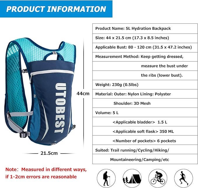 Running Vest, 5L Hydration Vest Lightweight, Breathable and Sweatproof Running Backpack, Adjustable Running Hydration Vest for Trail Running Marathon Race Jogging Cycling