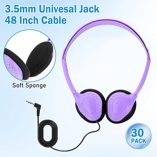 30 Pack Classroom Headphones for Kids, Multi Color Bulk Headphones for Classroom Wired Over The Ear Headphones Adjustable with 3.5 mm Jack for School Library Student Children