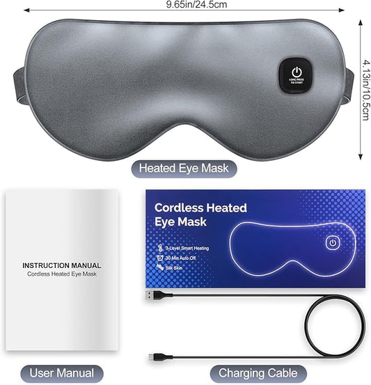 Cordless Heated Eye Mask for Dry Eyes, Blocking Light Warm Compress Rechargeable, 1000mAh Electric Eye Heating Pad for Sleeping, Washable Silk Heat Sleep Mask with 3 Temperature Settings, Grey
