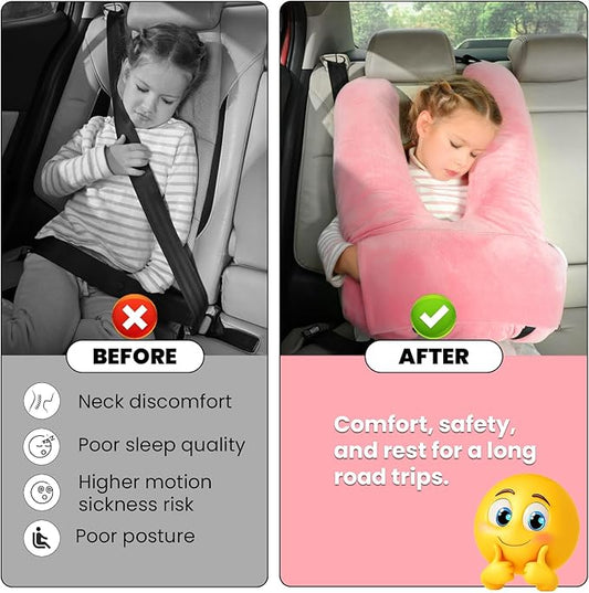 Travel Pillow Car Pillow for Kids, Car Sleeping Pillow for Adults and Kids Support Head and Neck on Road Trips Pink
