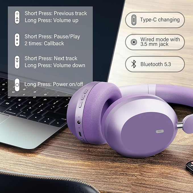 Wentronic Y05 Bluetooth Headphones Wireless Over Ear Noise Cancelling with Microphone 48 Hours Playtime, High Sound Quality Foldable Soft Earpads Earphones for Travel-Purple