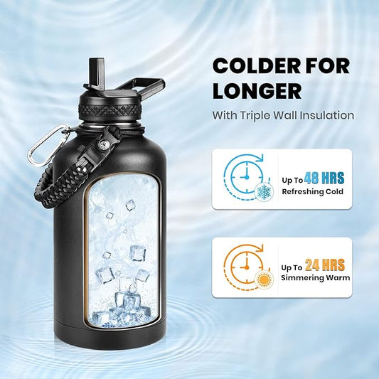 Insulated Water Bottle 64 oz, Triple Wall Vacuum Stainless Steel (Cold for 48 Hrs), Leak Proof & Non-BPA, Half Gallon Water Flask Jug with Paracord Handle & Straw Spout Lids, Magic Black