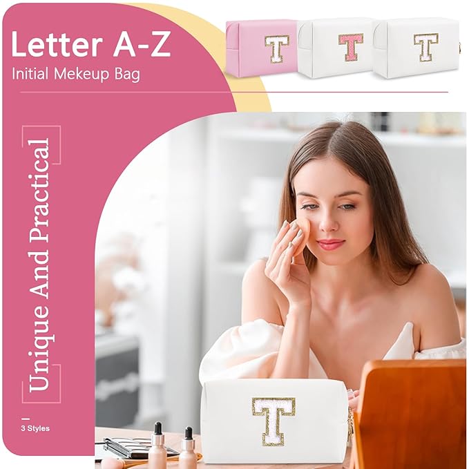 Small Personalized Initial A-Z Preppy Patch Makeup Bag,White PU Chenille Letter Travel Cosmetic Pouch with Zipper,Cute Toiletry Bag,Gift Ideal for Teen Girls Women Teacher Bridesmaid,Letter T
