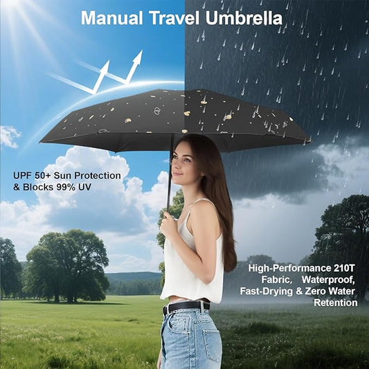 Compact Travel Umbrella - Mini Manual Umbrella for Purse, Windproof & UPF 50+ Sun & Rain Protection, Lightweight Portable Folding with Case for Women, Men,Kids