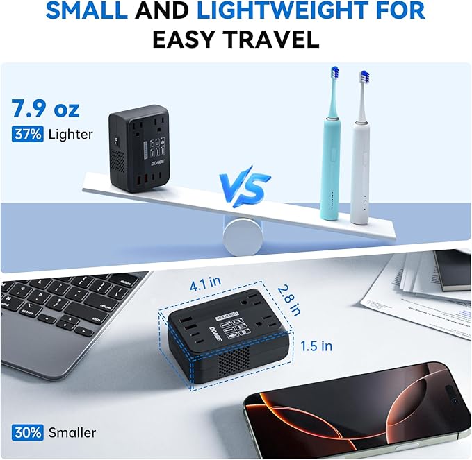 DOACE Voltage Converter US to Europe 350W Convert 220V to 110V for Curling Iron Straightener Shaver, Cordless Converter for European Travel with 2 USB A & 2 USB C Ports Charging, Black