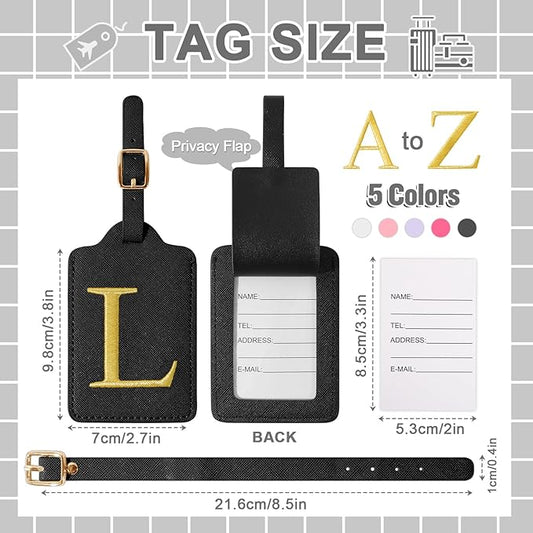 Personalized Initial Luggage Tags for Suitcase TSA Approved, Black Leather Cute Luggage Tag with Privacy Cover Name Card, Embroidered Custom Luggage Tags Travel Backpack Tags Gifts for Women Kids(L)