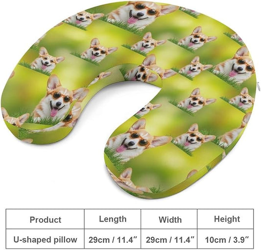 Breathable Memory Foam Travel Pillow U Shaped Chin Head Support Sunglasses Welsh Corgi Puppy, Removable Washable Cover for Airplane Car Office Pain Relief