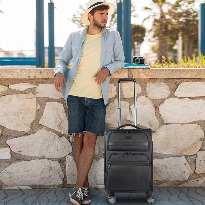KROSER Softside Expandable Carry On Luggage with Front Business Pockets,20 Inch Suitcases with Spinner Wheels & Built-in TSA Lock, Durable Suitcase Rolling Luggage with USB Port, Black