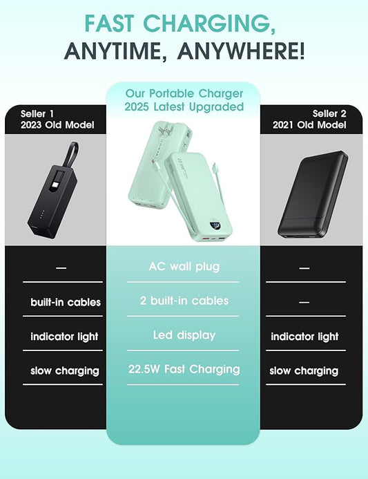 Portable Charger Power Bank, 20000mAh 22.5W USB C Fast Charging with Built-in Cables & Wall Plug, External Battery Pack with LED Display, Travel Essential for iPhone, iPad, Samsung Green